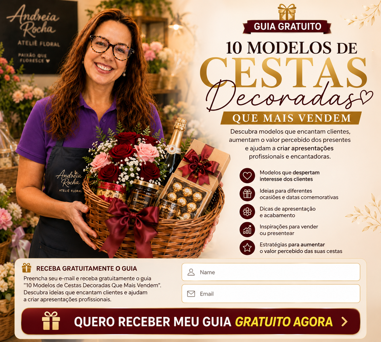 Baixe gratuitamente o guia com 10 modelos de cestas decoradas que mais vendem e aprenda técnicas de apresentação, acabamento e valorização.